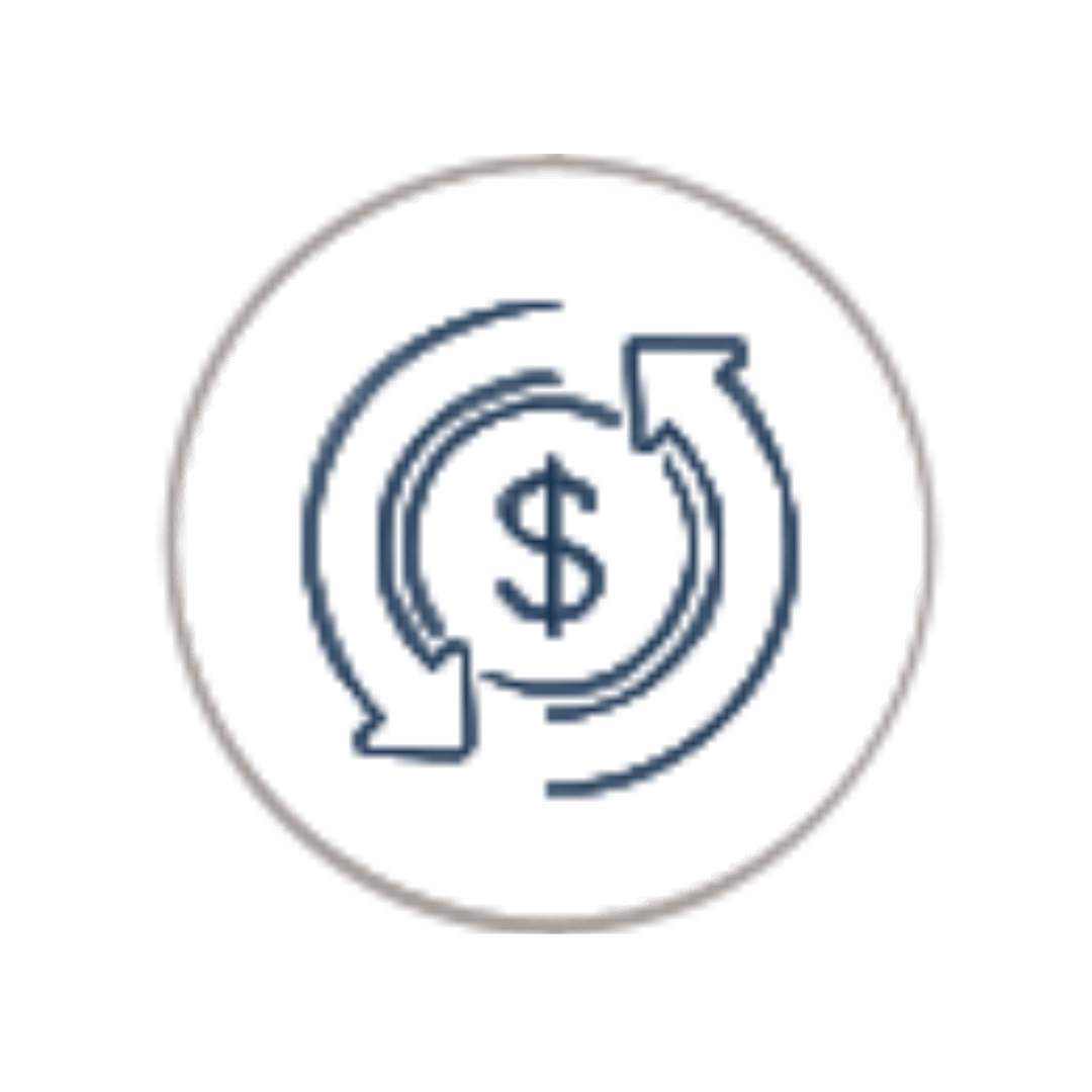 Ícone circular com cifrão e setas de retorno, simbolizando o processo jurídico de restituição e ressarcimento de despesas médicas pagas de forma particular após negativa do plano.